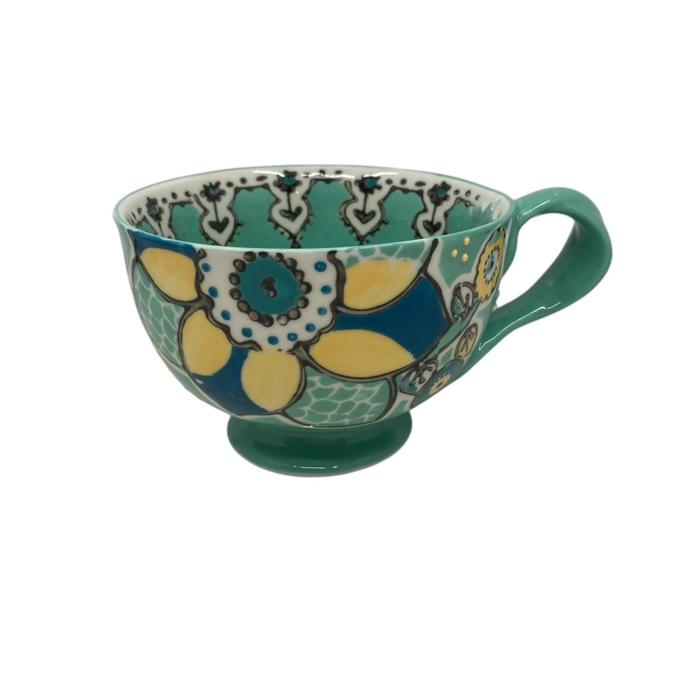 Anthropologie Elka Ayaka Aqua Floral Twisted Handle Footed Mug Pedestal Tea Cup